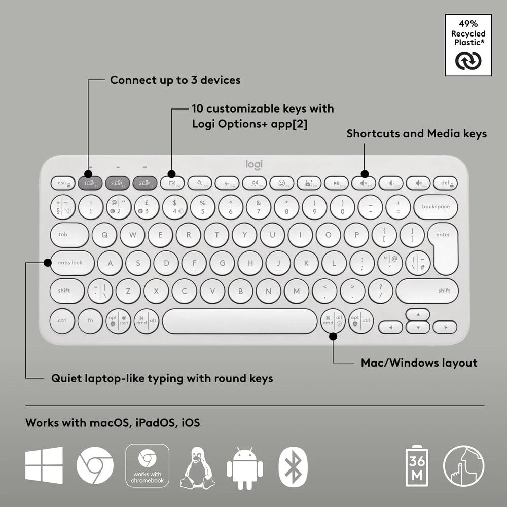 Logitech Bluetooth Keyboard Pebble Keys 2 K380s White (Open Box) view 4